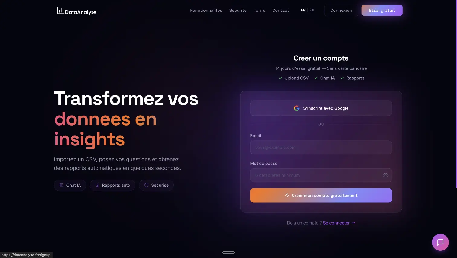 DataAnalyse — Page inscription avec Google et formulaire